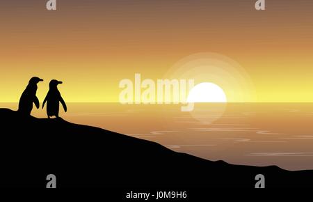 At sunset scenery with penguin silhouettes Stock Vector