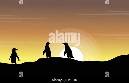 Landscape of beach at sunset with penguin silhouette Stock Vector