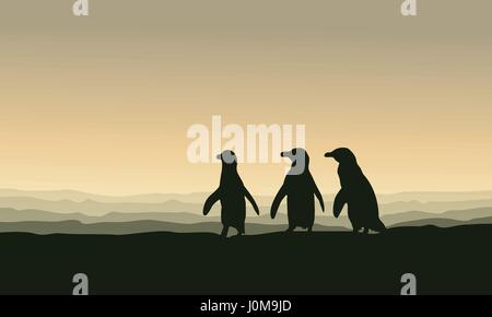 Silhouette of penguin lined at sunset scenery Stock Vector