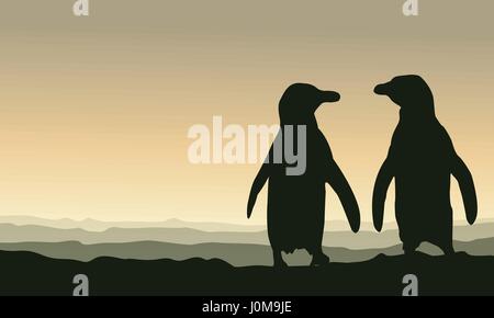 Silhouette penguin at sunset scenery Stock Vector