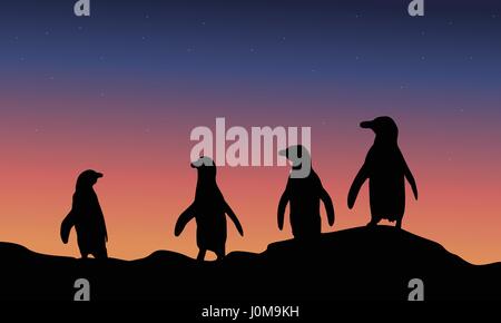 At night penguin scenery of silhouette Stock Vector