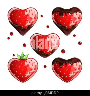 Set of fresh strawberries with chocolate on white background. Vector illustration. Stock Vector