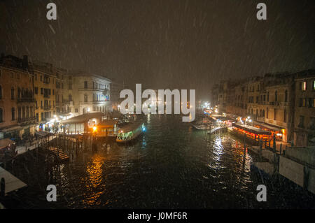 Snow falls on the Grand Canal in Venice. Stock Photo