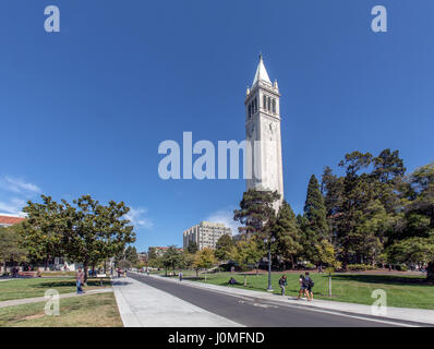 The campus  of the University of California at Berkeley, California. The campanile, formally known as Sather Tower, was completed in 1914 and resemble Stock Photo