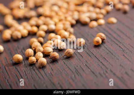 Coriander seeds (Coriandrum sativum) on dark table. Close-up photo. Stock Photo