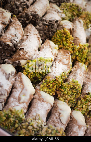 Sicilian Cannoli in a row on the tray Stock Photo