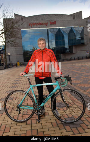 Paul Hudson on his bike in Birmingham in front of the Town Hall and riding along the canals. Stock Photo