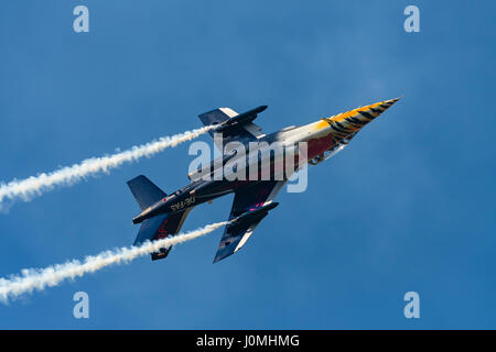 Maribor, Slovenia - April 7, 2017: Alpha Jet of the Red Bull display team The Flying Bulls performing aerobatics at annual training camp in Maribor Stock Photo