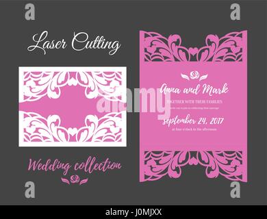 DIY Template for laser cutting. Open card. The front and rear side. vector can be used as an envelope. Wedding die cut invitation . Cutout silhouette    mockup Stock Vector