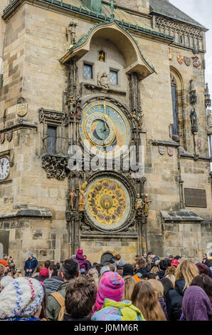 The Prague astronomical clock was installed in 1410, making it the third-oldest astronomical clock in the world and the oldest one still operating. Stock Photo