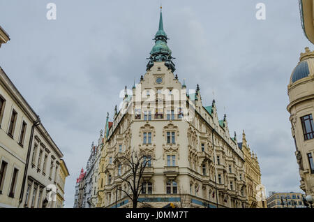 One of the most beautiful buildings in Prague, Hotel Paris is the work of architect Jan Veirych. Finished in 1904, it features elements of Art Nouveau Stock Photo