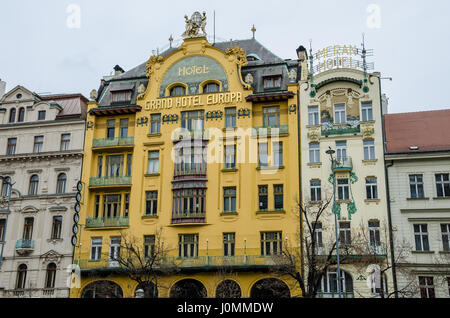 Before you go in, cross Wenceslas Square and take a look up at the elegant front elevation, especially the Art Nouveau decoration on the top! Stock Photo
