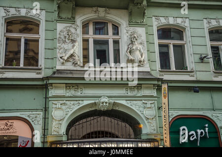 Prague is full of beautiful 19th century houses and like a catalogue of architectural history. Stock Photo