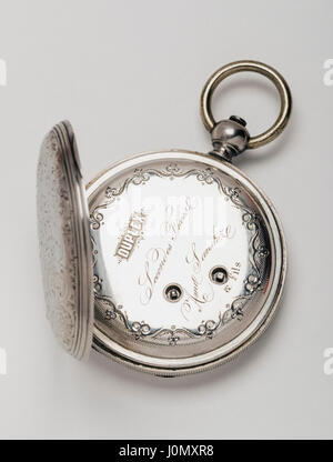 Antique Ami Sandoz & Fils Swiss hand carved Duplex Escapement style silver pocket watch c 1860 Stock Photo