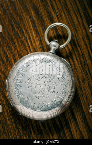 Antique Ami Sandoz & Fils Swiss hand carved Duplex Escapement style silver pocket watch c 1860 Stock Photo