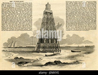 Antique 1854 engraving, 'Representation of the Sand Key Light House, Florida.' Sand Key Light is a lighthouse 6 nautical miles (11 km; 6.9 mi) southwest of Key West, Florida, between Sand Key Channel and Rock Key Channel, two of the channels into Key West, on a reef intermittently covered by sand. A screw-pile foundation for a new light on Sand Key was begun in 1852. The light tower was completed in 1853. SOURCE: ORIGINAL ENGRAVING. Stock Photo