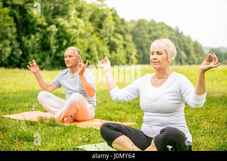 Mature man and senior woman doing yoga in field. Stock Photo