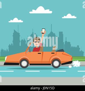 man cellphone sport car city background Stock Vector
