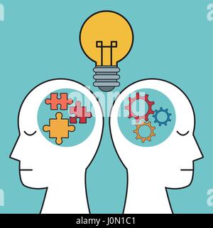 profile human heads bulb puzzle gear Stock Vector