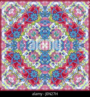 Bandana Print with tribal ethnic ornament, silk neck scarf or kerchief square pattern design style for print on fabric, abstract floral background. bl Stock Vector