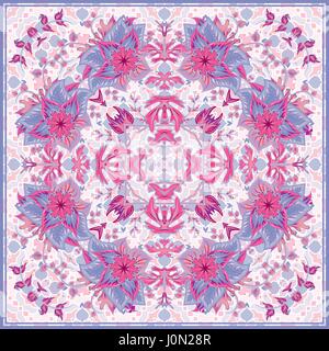 Bandana Print with tribal ethnic ornament, silk neck scarf or kerchief square pattern design style for print on fabric, abstract floral background. De Stock Vector