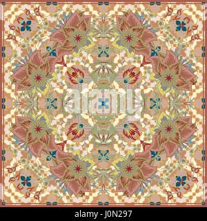 Bandana Print with tribal ethnic ornament, silk neck scarf or kerchief square pattern design style for print on fabric, abstract floral background. Be Stock Vector
