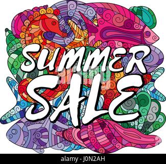 Summer Sale Poster design template. Lettering on bright marine background. Doodle sea life elements. Stock Vector