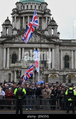 Belfast, UK. 14th Apr, 2017. A large number of supporters came out for a British military veterans rally in Belfast Credit: Conall Kearney/Alamy Live News Stock Photo