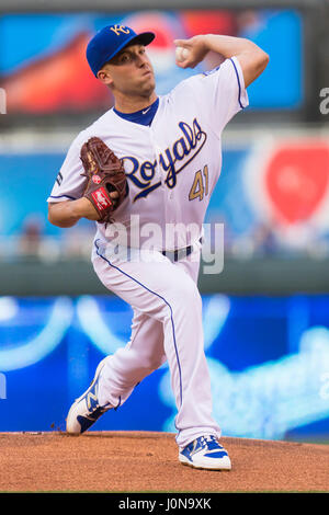 Kansas City, MO, USA. 14th Apr, 2017. Danny Duffy #41 of the Kansas City Royals pitches against the Los Angeles Angels during the game at Kauffman Stadium in Kansas City, MO. Kyle Rivas/CSM/Alamy Live News Stock Photo