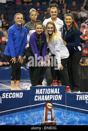 St. 14th Apr, 2017. Nicole Lehrmann, Maggie Nichols, Alex McMurtry, Katie Bailey, and Sarah Finnegan pose for a photo during the individual awards ceremony of the 2017 NCAA Women's National Collegiate Gymnastics Championships at the Chaifetz Arena in St. Louis, MO. Kyle Okita/CSM/Alamy Live News Stock Photo