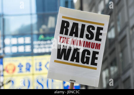 Tokyo, Tokyo, Japan. 15th Apr, 2017. Placards demanding a higher wage in Tokyo April 15, 2017, Japan. a A Group of young people by name Aequitas means Equity in Latin, organized a demonstration to demanded a minimum hourly wage of 1,500 JPY (approx. USD 13.7), currently the minimum wage ranges from 700 to 900 JPY (approx. USD from 6, 4 to 8, 3) Credit: Alessandro Di Ciommo/ZUMA Wire/Alamy Live News Stock Photo