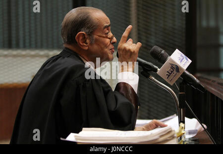 Cairo, Egypt. 15th Apr, 2017. Egyptian Lawyer Farid el-Deeb attends the trial of Alaa and Gamal Mubarak, the sons of former president Hosni Mubarak during their trial in ''Stock Market Manipulation'' case, in Cairo. Credit: ZUMA Press, Inc./Alamy Live News Stock Photo