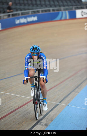 London, UK. 14th April, 2017. A male cyclist racing around Lee Valley Velodrome during the Southern Counties Cycling Union Good Friday Track Cycling Meet, London, UK. The Good Friday Meeting is an iconic and unique track cycling event held in the UK that has a 114 year history. As the only open entry event in British track cycling, it sees amateur and professional riders competing alongside each other on the same track. Credit: Michael Preston/17�Թ����� Live News Stock Photo