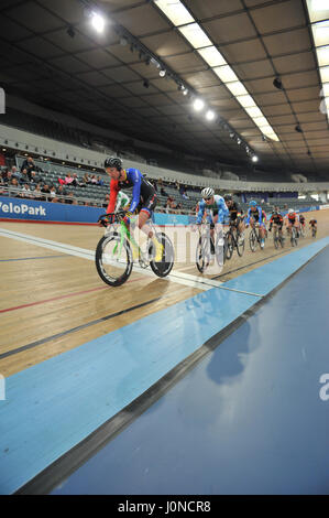 London, UK. 14th April, 2017. Cyclists racing around Lee Valley Velodrome during the Southern Counties Cycling Union Good Friday Track Cycling Meet, London, UK. The Good Friday Meeting is an iconic and unique track cycling event held in the UK that has a 114 year history. As the only open entry event in British track cycling, it sees amateur and professional riders competing alongside each other on the same track. Credit: Michael Preston/17�Թ����� Live News Stock Photo