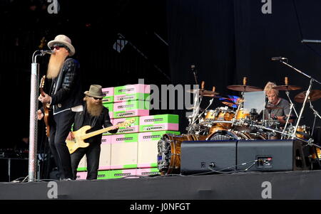Glastonbury Festival - June 24 2016: American band ZZ Top featuring Billy Gibbons and Dusty Hill performing on the Pyramid Stage Stock Photo