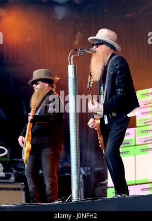 Glastonbury Festival - June 24 2016: American band ZZ Top featuring Billy Gibbons and Dusty Hill performing on the Pyramid Stage Stock Photo