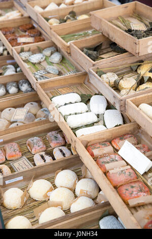 Artisan French cheeses on sale at street market Bordeaux, France Stock Photo