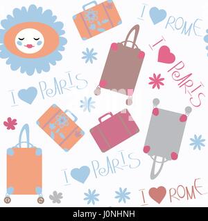 Travel seamless pattern. It is located in swatch menu, vector image. Bright illustration. Colorful image for design. Cute picture Stock Vector