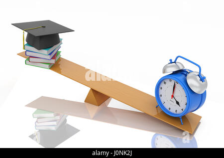 Alarm clock with Books and Cap - 3D Rendering Image Stock Photo