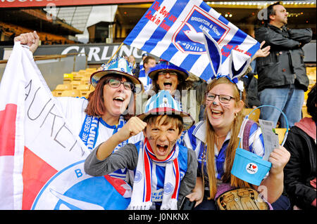 Brighton fans hoping for a great Friday result at the Sky Bet Championship match between Wolverhampton Wanderers and Brighton and Hove Albion at Molineux in Wolverhampton. April 14, 2017.  Simon  Dack / Telephoto Images Stock Photo