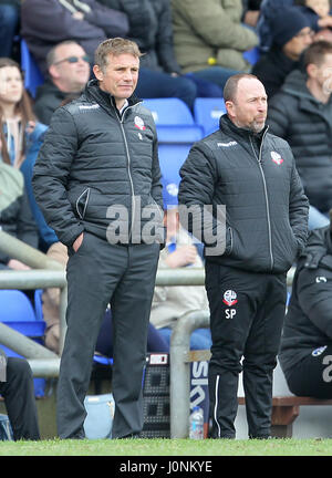 Bolton Wanderers manager Phil Parkinson (left) with assistant Steve Parkin on the touchline during the Sky Bet Championship match at SportsDirect.com Park, Oldham. Stock Photo