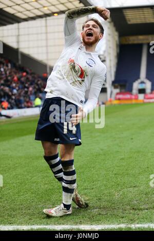 Joe Garner celebrates after scoring during the Sky Bet League 1 match between Preston North End and Crewe Alexandra at the Deepdale Stadium. Stock Photo