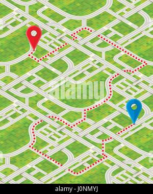 Detailed city map in isometric view with GPS pins and route Stock Vector