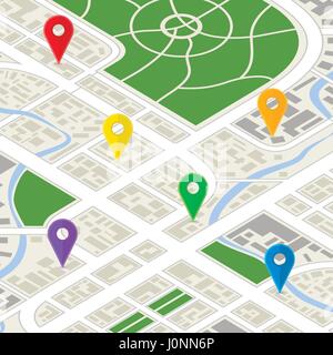Detailed city map in isometric view with bright colourful GPS pins Stock Vector