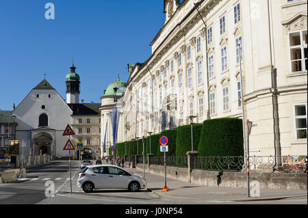 The Hofburg building on the right and the Hofkirche (Court Church) ahead, Innsbruck, Tyrol, Austria Stock Photo