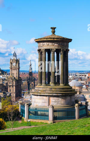 View of Dugald Stewart monument on Calton Hill and skyline in Edinburgh, Scotland Stock Photo