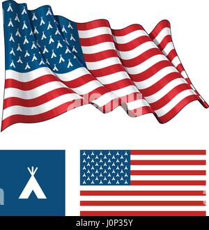 Vector illustrations of the American flag, both waving and flat, having Indian Teepee icons instead of stars. All elements neatly on well described la Stock Vector