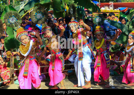 Manipuri boys perform dances during Ras Leela festival, in Madhabpur, Maulvi bazar, Bangladesh. The Bishnupriya Manipuri Community celebrates 'Raas Le Stock Photo