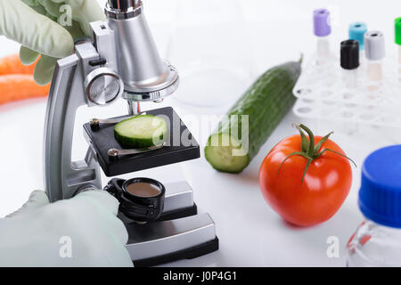 food quality control concept - scientist inspecting cucumber with microscope in laboratory Stock Photo