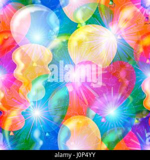 Seamless Background with Beautiful Flying Colorful Balloons and Bright Fireworks, Holiday Tile Pattern for your Design. Eps10, Contains Transparencies Stock Vector